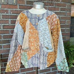 Sacred Threads quilted patchwork boho jacket/blues/golds/browns w/pockets. Sz M